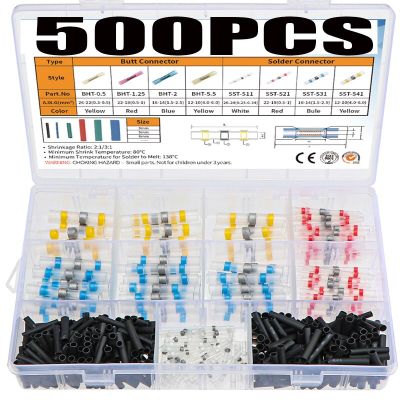 Electrapick 500Pcs Heat Shrink Butt Solder Seal Sleeve Wire Connectors Terminals Waterproof Solder Heat Shrinkable Tube Electrical Circuitry Parts