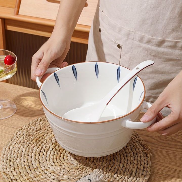 สไตล์ญี่ปุ่นขนาดใหญ่ความจุห้องครัวเซรามิคเคลือบหม้อหม้อก๋วยเตี๋ยวชามซุปชาม-anti-scalding-handle