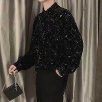 [ M-3xl ] เกาหลีรุ่นหลวมทุกจับคู่เสื้อเชิ้ตลำลองหล่อสไตล์วิทยาลัยดาวพิมพ์เทรนด์เสื้อโปโลสีดำสำหรับผู้ชายเสื้อแขนยาวแฟชั่นเทรนด์