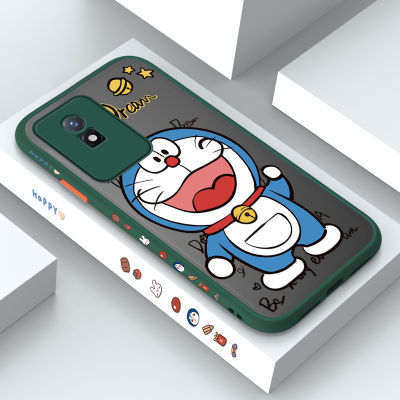 GGK เคสโทรศัพท์สำหรับ Vivo Y02A Y02T การ์ตูนโดราเอมอนน่ารักการออกแบบลวดลายลายขอบด้านข้างแมวน่ารักเคสแข็งมีน้ำค้างแข็งโปร่งใสเด็กหญิงเด็กชายกันกระแทกฝาครอบเคสป้องกันกล้อง