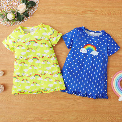 kids cheap costume clothes Girls childrens clothing spring autumn new Short Sleeve dot rainbow Printed Dress two pieces