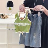 SWEETBABY ?พร้อมส่ง?กางเกงยีนส์เด็กผู้หญิง เสื้อเด็กคล้องคอเว้าหลัง ชุดเเฟชั่นสำหรับเด็ก(904)