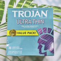 Trojan® Ultra Thin Lubricated Condoms 5, 10, 24 or 36 Pieces โทรจัน ถุงยางอนามัยบางพิเศษ 53mm คอนดอมแบบเรียบ โตรจัน USA Condom