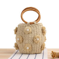 2022 Hand Bag Straw Bucket Flower Pearl Handbag For Women Luxury Purse Drawstring Round Top-handle Shopping Tote Beach Bag