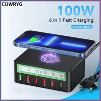 CUWRYG 100W PD QC ตัวแปลงที่ชาร์ต USB 6พอร์ตเร็วแท่นชาร์จเสียบแหล่งจ่ายไฟ US AU ยูเคอียูแบบสากลสำหรับ IPhone 14 13 12/Samsung/Huawei