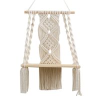 Boho Macrame ชั้นวางผ้าปูแต่งพู่ทอด้วยมือชั้นแขวนผนังที่แขวนเก็บของไม้ลอยสำหรับของตกแต่งผนังบ้าน