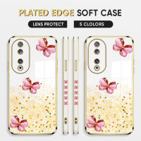 Diorcase For Honor 90 5G,90 Lite 5G ฟรีสายคล้อง + เคสลายผีเสื้อสีชมพูแบบขอบสี่เหลี่ยมชุบเคสโทรศัพท์เคสโทรศัพท์นิ่มสุดหรู