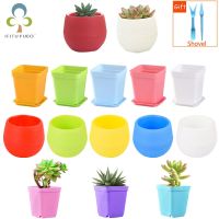 5/10Pc Color Household Breathable Plastic Small Flower Pot With Tray Succulent Round Square Bottom Beautification Decoration XPY