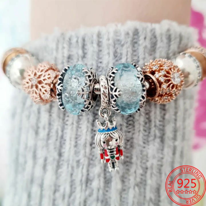 ฤดูหนาว-series-s925-silver-snowflake-charm-blue-murano-ลูกปัดแก้ว-snow-globe-angel-จี้-fit-สร้อยข้อมือคริสต์มาส-gifts