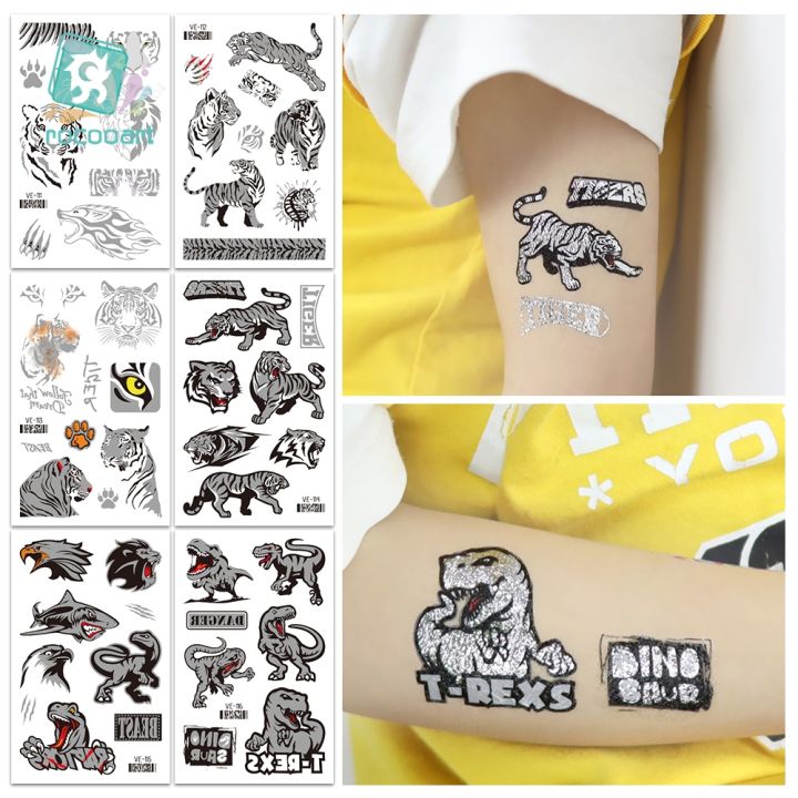 silver-cartoon-tattoo-stickers-for-kids-beast-of-prey-space-waterproof-temporary-tattoos-dino-tiger-animal-fake-tattoo-body-art