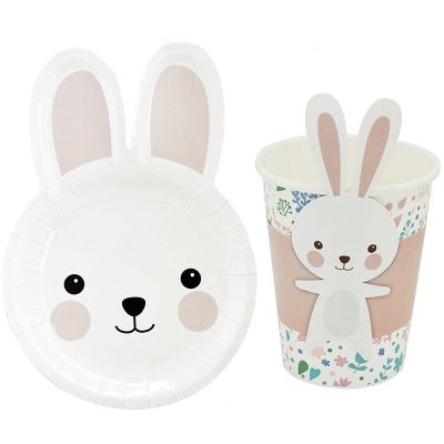 Happy Easter Cartoon Rabbit Shaped Tableware Disposable Plate Cup Napkin Set Easter For Home Decorations Kids Favor Supplies