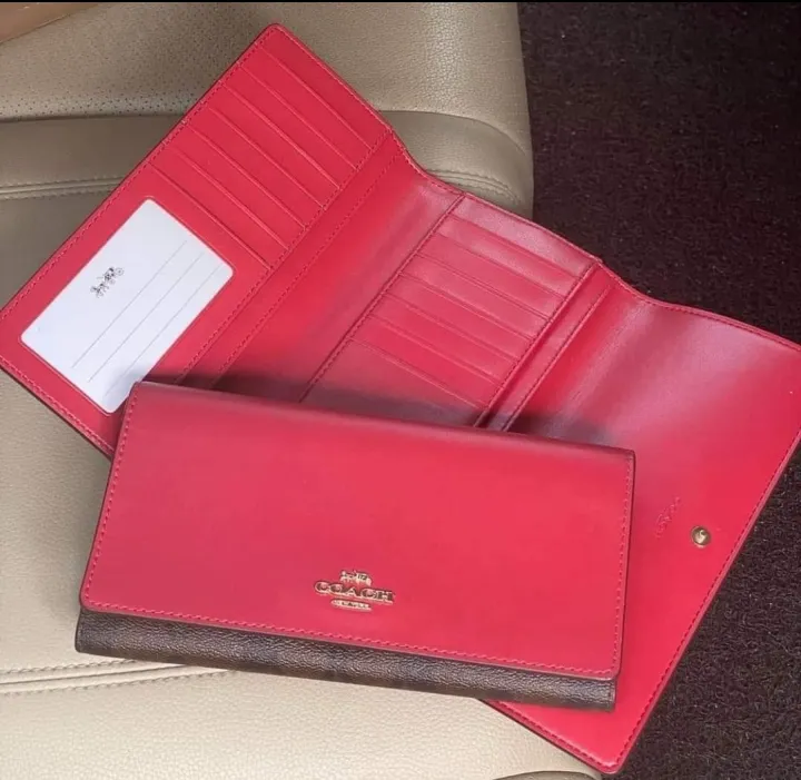 Coach Trifold Slim Wallet In Signature Canvas C5966 In Brown/Red Color