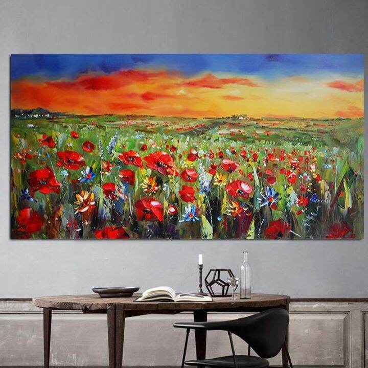 พิมพ์บทคัดย่อป่าสีแดงดอกไม้-poppies-ภาพวาดสีน้ำมันบนผ้าใบ-modern-pastoral-โปสเตอร์ภาพผนังสำหรับห้องนั่งเล่น