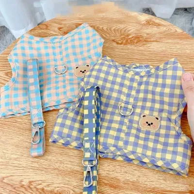 Dog Cat Harness Leash Set No Pull Cute Bear Plaid Pet Harness Vest Puppy Dog Lead Leash For Chihuahua Terrier Walking Running