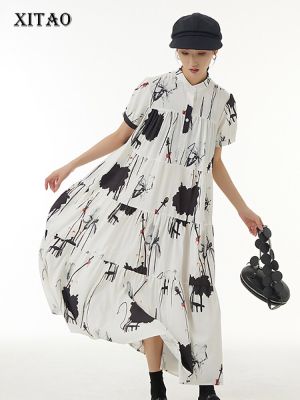 XITAO Dress Casual Loose Fashion Stand Collar Print Dress