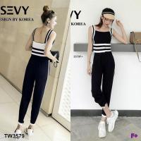 P3579 Set 2ชิ้น เสื้อสายเดี่ยวแต่งลายริ้ว +กางเกงขาจั้ม แถบข้าง Set of 2 pieces. + jogger pants with side stripes