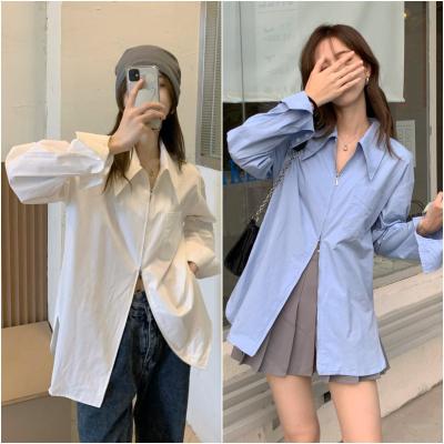 พร้อมส่ง เสื้อเชิ้ตมีซิปบน-ล่าง แขนยาว คอปก โอเวอร์ไซส์ เชิ้ตผู้หญิง สไตล์เกาหลี เสื้อมินิมอล