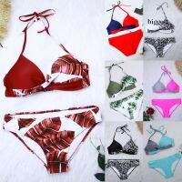 BIG Women Color Block Leaves Print Padded Briefs Bikini Set Swimsuit