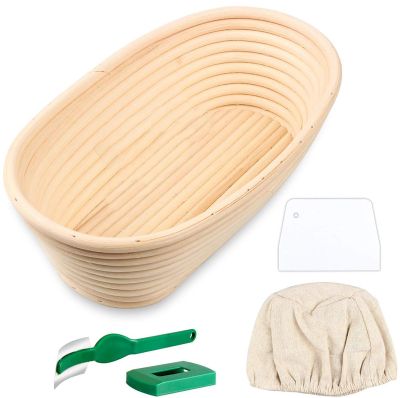 Oval Bread Proofing Basket, Handmade Banneton Bread Proofing Basket Brotform with Bread Lame, Dough Scraper, Proofing Cloth Liner for Sourdough Bread, Baking(9.6 x 6 x 3 Inches)