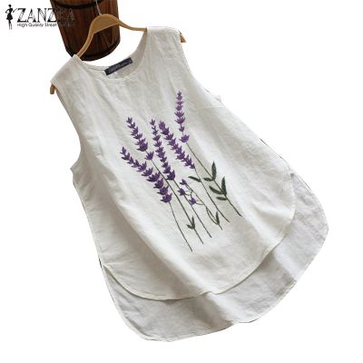 ZANZEA Women Sleeveless Vintage Floral Embroidery Plus Size Blouse