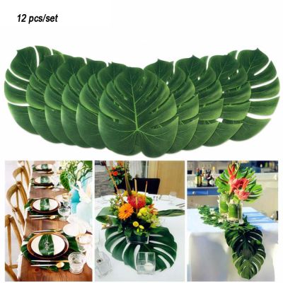 12pcs 35cm Hawaii Fake Plant Table Mat Tableware Party Artificial Palm Leaves Summer Tropical Wedding Party Table Decoration