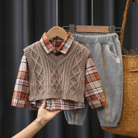 New Children Fashion Baby Boy Gentleman Sweater Plaid Vest Shirt Pants 3PcsSet Kids Infant Clothing Toddler Tracksuit 0-5 YEARS