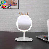 Mosinai กระจกแต่งหน้า LED Makeup Mirror พร้อมถาดใส่ของ ถอดออกได้ รูปร่างเขากวาง ปรับความสว่างได้3ระดับ ปรับองศาได้ กระจกไฟLED Desktop Makeup Mirror