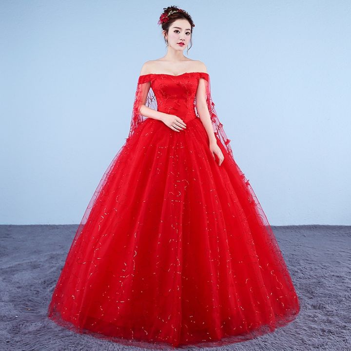 ชุดเดรสเจ้าหญิงแสนหวานชุดเดรสชุดแต่งงานสีแดงสำหรับผู้ใหญ่-qs1131เกาหลี