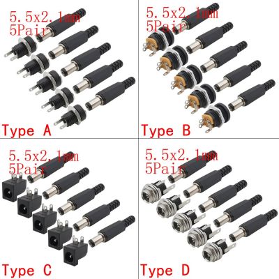 5Pairs DC 5.5 x 2.1mm Male Plug + Female Jack Socket Connectors Screw Nut Panel Mount Adapter 5.5*2.1 mm DC022 12V 3A  Wires Leads Adapters