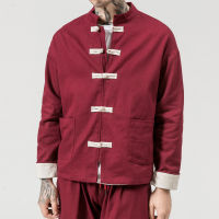 【CW】Cardigan Men Long Sleeve Coat Mandarin Collar Chinese Traditional R Tang Suit Buckle Jacket Oriental Linen Kung Fu Shirt