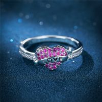 Luxury Female Small Rose Red Stone Ring Classic Silver Color Engagement Ring Heart Crystal Wedding Rings For Women