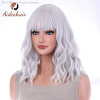 Aideshair Pastel Wavy Wig With Air Bangs Womens Short Bob Silver Whit Curly Shoulder Length Bob Synthetic Daily Use Colorful [ Hot sell ] men Shose Center