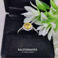 R6434 แหวนพลอยบุษราคัมจันทบุรีแท้ ( Yellow sapphire ) ตัวเรือนเงินแท้ 925 ชุบทองคำขาว ไซส์ 52 แก้ไซส์ฟรี