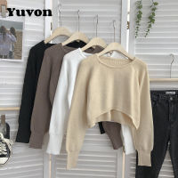 Yuvon เสื้อสเวตเตอร์แขนยาวคอกลมสำหรับผู้หญิง,เสื้อสวมหัวแบบถักเข้าได้กับทุกชุดสไตล์เกาหลีสีพื้น