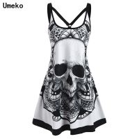 fgjre335 ขายดีที่สุด - / Umeko ฤดูร้อน Goth Plus ขนาด Skull พิมพ์ผู้หญิงแขนกุด Mini Dress Y2K สุภาพสตรีชุดลำลองสำหรับ Tver Dark Academia Alt เสื้อผ้า