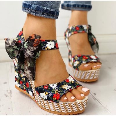 KAMUCC Summer Beach Boho Floral Wedge Sandals Women Ankle Strap Platform Gladiator Shoes Woman High Heels Sandalias Mujer 2020