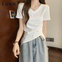 Summer New T-shirts for Women V-neck Asymmetrical Korean Style Solid Female Tops Casual Large Size Sweet Slim Lady Pullovers