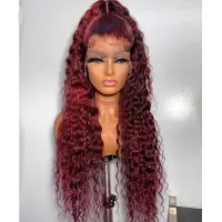 180 Density Long Burgundy Kinky Curly Lace Front Wig For Black Women 99J Babyhair Glueless Preplucked Synthetic Cosplay Wine Red