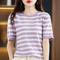 2023 Summer hot sale O-neck short-sleeved womens pullover sweater hollow-out knitting fashion simple thin wool blouse T-shirt