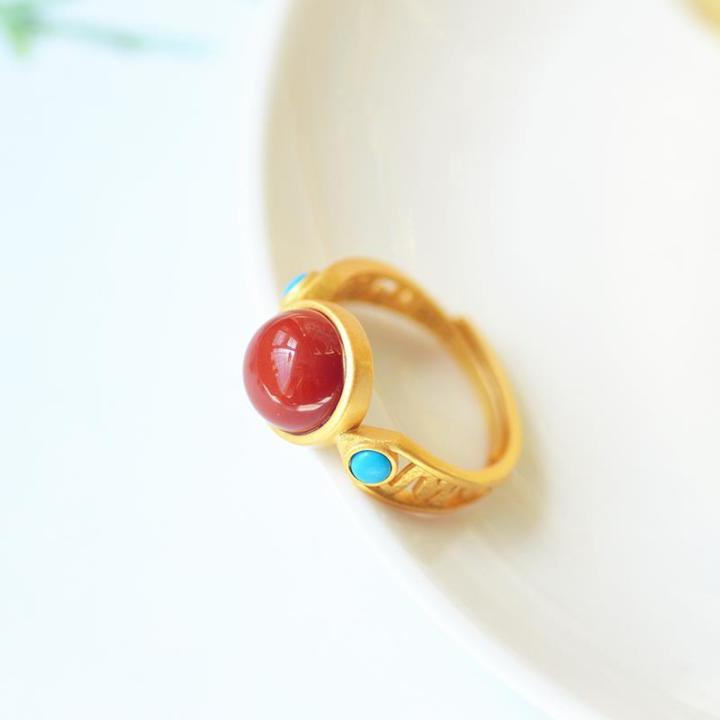 ht-แหวนพลอยธรรมชาติแฟชั่นย้อนยุคบุคลิกภาพเครื่องประดับชุบทอง18kแหวนสีเขียวขุ่นขนาดปรับแหวนผู้หญิง-แหวนของขวัญกล่องของขวัญ