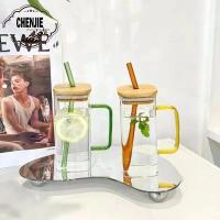 CHENJIE กาแฟนมที่ใช้ในครัวเรือน400มล. พร้อมฝาและหลอดแก้วใสถ้วยเครื่องดื่มแก้วน้ำ Sloki Kaca