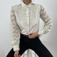 Women Sexy Lace Patchwork Hollow Out Shirt Blouses Long Sleeve Crew Neck Mesh Design Top 2021 Spring White Vintage Blouses Femme