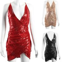 【Ready】Women Sexy Deep V Neck Shiny Sequins Irregular Hem Backless Mini Bodycon Dress