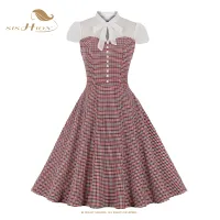 SISHION Patchwork แขนสั้นลายสก๊อต VD3765คอ A Line ผู้หญิงฤดูร้อน50S 60S R Rockabilly Vintage Dresses