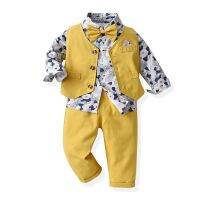 【CC】 New Fashion Baby Boys Clothing Sets Bowtie Gentleman Sleeve Floral Print Shirts Vest Pants 3Pcs Infant