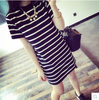 Wintin 2022 new summer Korean version of the black and white striped dress womens short sleeves bag hips mid-length bottom skirt