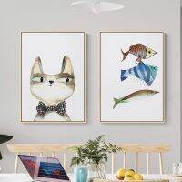 Luyameishop Nordic การ์ตูนน่ารักสุภาพบุรุษ Cat And Fish Canvas Wall Art Picture - Modern Home Decor - Lil Peep โปสเตอร์และพิมพ์