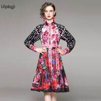 Fashionable Polka Dot Vintage Stand Collar Printed Dress with Belt