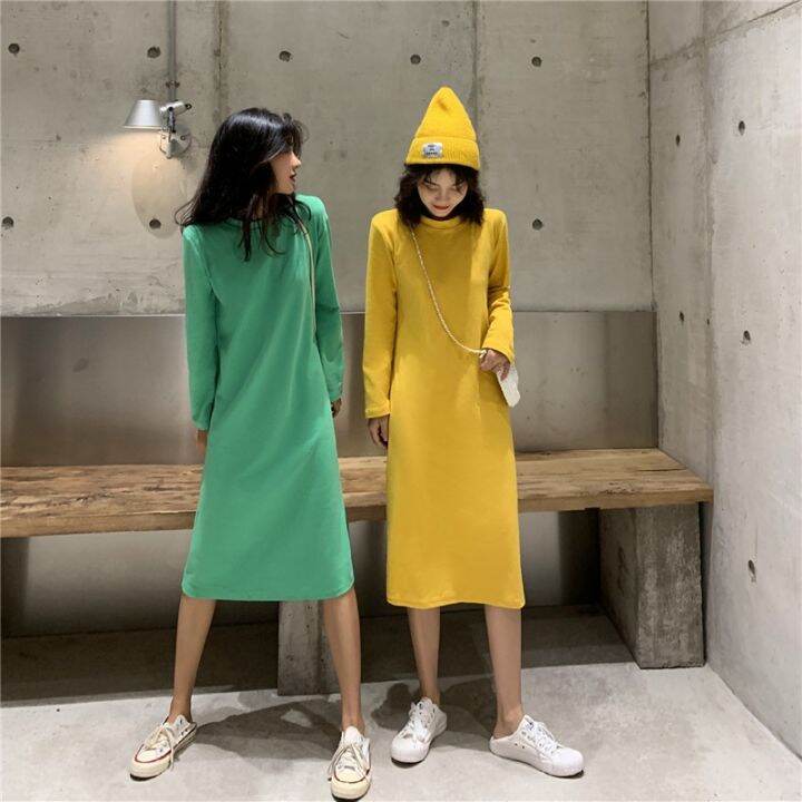 womens-long-dress-candy-color-dress-medium-length-knee-length-long-sleeve-straight-dress-solid-color-stitching-thin-bottomed-t-shirt-dress