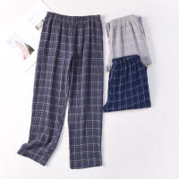 New Mens Plaid Gauze Sleep Bottoms Knitted Cotton Lounge Wear Loose and Soft Pyjamas Trousers Plus Size Sleepwear Home Pants